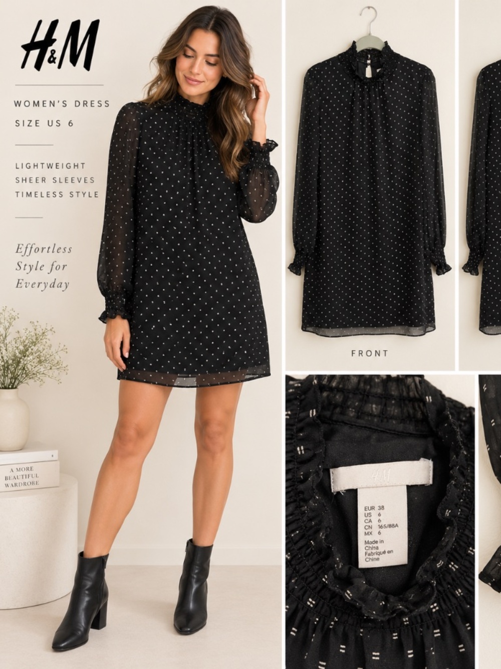 H&M Black White Dot Chiffon Mini Dress Ruffle Neck Long Sleeve Size 6